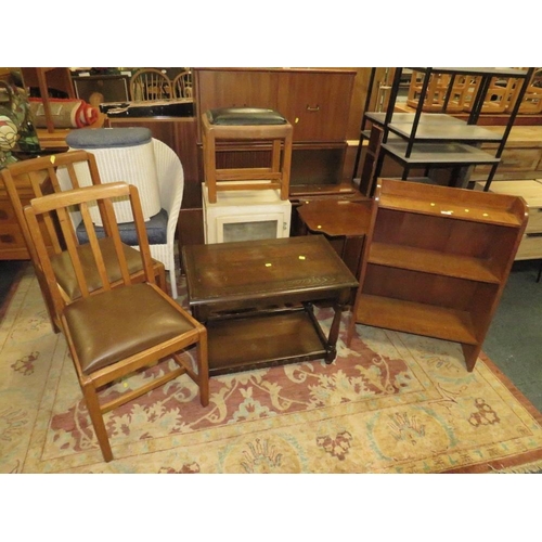 793 - AN OAK OPEN BOOKCASE, SMALL STOOL AND TWO CHAIRS PLUS A VINTAGE MEAT SAFE AND TWO OAK SIDE TABLES