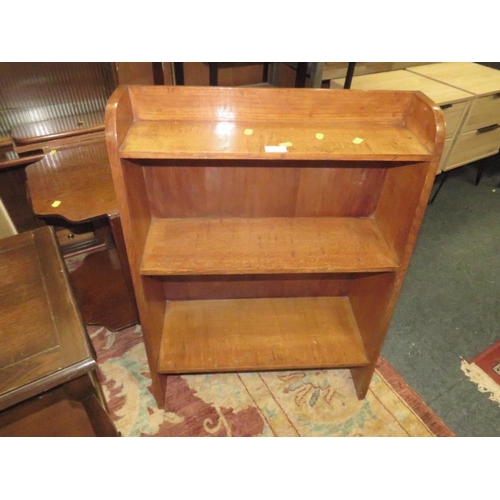 793 - AN OAK OPEN BOOKCASE, SMALL STOOL AND TWO CHAIRS PLUS A VINTAGE MEAT SAFE AND TWO OAK SIDE TABLES