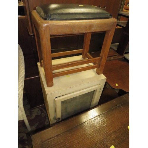 793 - AN OAK OPEN BOOKCASE, SMALL STOOL AND TWO CHAIRS PLUS A VINTAGE MEAT SAFE AND TWO OAK SIDE TABLES