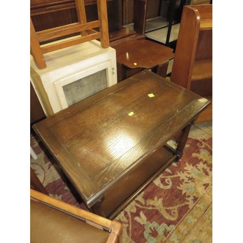 793 - AN OAK OPEN BOOKCASE, SMALL STOOL AND TWO CHAIRS PLUS A VINTAGE MEAT SAFE AND TWO OAK SIDE TABLES