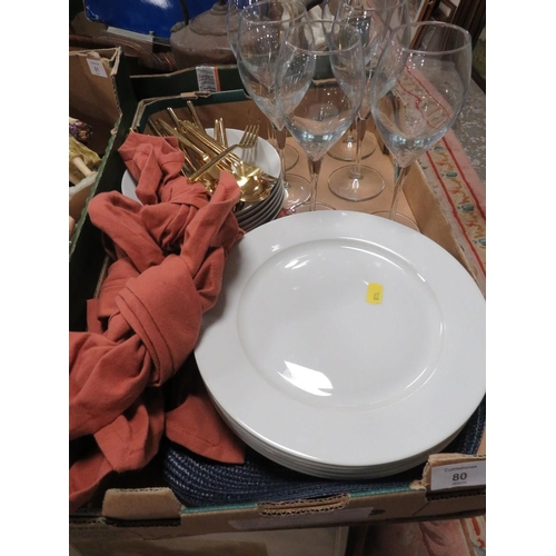 80 - A TRAY OF EX-SHOW HOME DISPLAY ITEMS TO INCLUDE WINE GLASSES AND CUTLERY