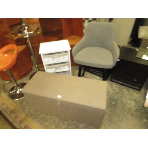 802 - A MODERN UPHOLSTERED OTTOMAN , STOOL AND WICKER STAND (3)