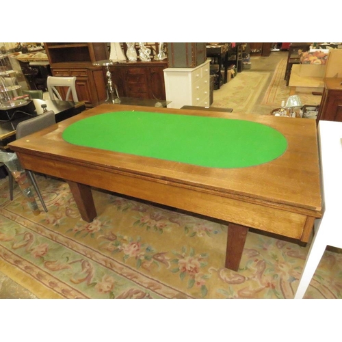 809 - A LARGE OAK SNOOKER / DINING / GAMES TABLE WITH CUES, BALLS ETC, TABLE 76 x 104 x 190 cm