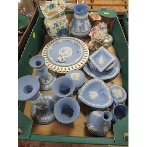 83 - A TRAY OF MOSTLY BLUE WEDGWOOD JASPER WARE