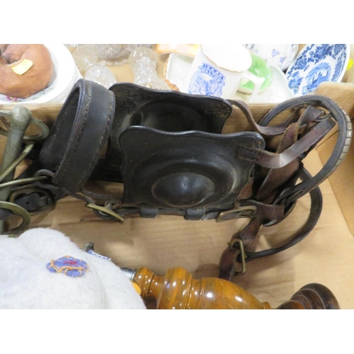 160 - A VINTAGE LEATHER SHIRE HORSE STYLE LEATHER BRIDLE WITH BIT , GOOSE DOORSTOP ETC