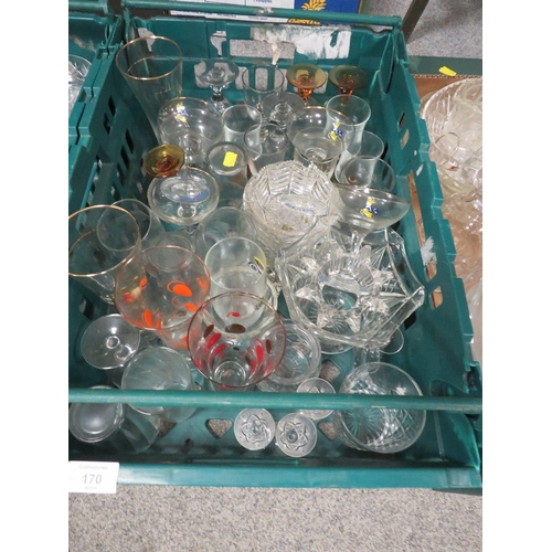 170 - THREE TRAYS OF ASSORTED GLASS WARE TO INCLUDE VASES (PLASTIC TRAYS NOT INCLUDED )