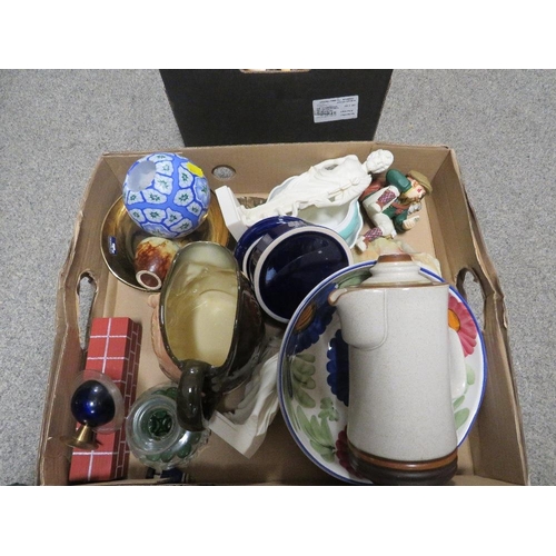 179 - THREE OF SUNDRIES TO INCLUDE A SMALL TRAY OF FLATWARE , ROYAL DOULTON BUNNYKINS ETC