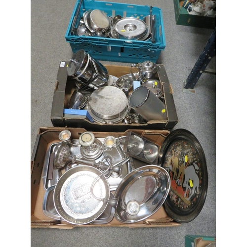 182 - THREE TRAYS OF ASSORTED SILVER PLATED WARE TO INCLUDE A THREE BRANCH CANDELABRA