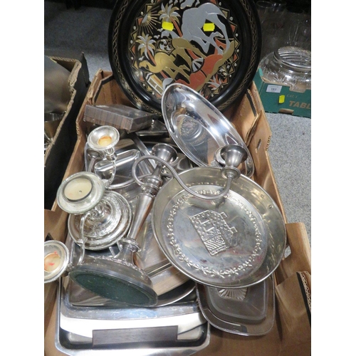 182 - THREE TRAYS OF ASSORTED SILVER PLATED WARE TO INCLUDE A THREE BRANCH CANDELABRA