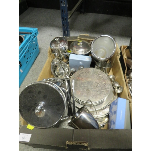 182 - THREE TRAYS OF ASSORTED SILVER PLATED WARE TO INCLUDE A THREE BRANCH CANDELABRA