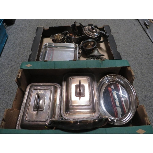 192 - TWO TRAYS OF SILVER PLATED WARE TO INCLUDE LIDDED TUREENS ETC