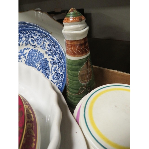 195 - TWO TRAYS OF CERAMICS TO INCLUDE JAPANESE STYLE TEA WARE, BLUE AND WHITE PLATES ETC