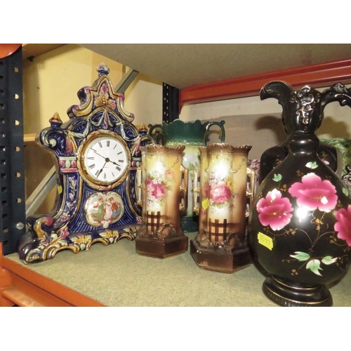 202 - AN ORNATE CERAMIC CLOCK TOGETHER WITH A COLLECTION OF VINTAGE JUGS AND VASES