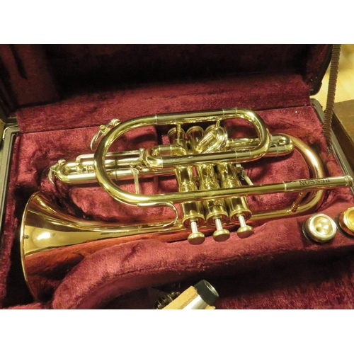 239 - A CASED BESSON HORN WITH MUTE