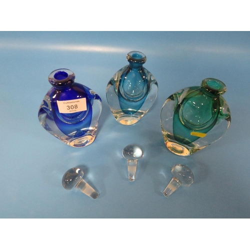 308 - THREE ASSORTED COLOURED STUDIO GLASS PERFUME BOTTLES