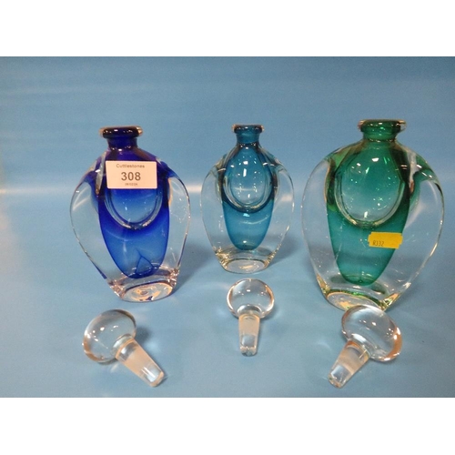 308 - THREE ASSORTED COLOURED STUDIO GLASS PERFUME BOTTLES