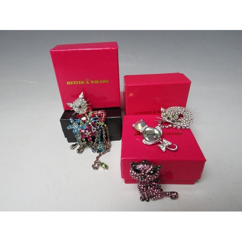 436 - FOUR BUTLER & WILSON CAT THEMED BROOCHES LARGEST H 15 cm - TO INCLUDE RETICULATED 'FRINGING', BOXED ... 