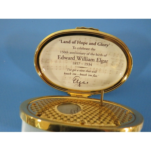 472 - A BOXED HALCYON DAYS ENAMEL LIMITED EDITION LAND OF HOPE AND GLORY EDWARD WILLIAM EDGAR MUSICAL BOX ... 