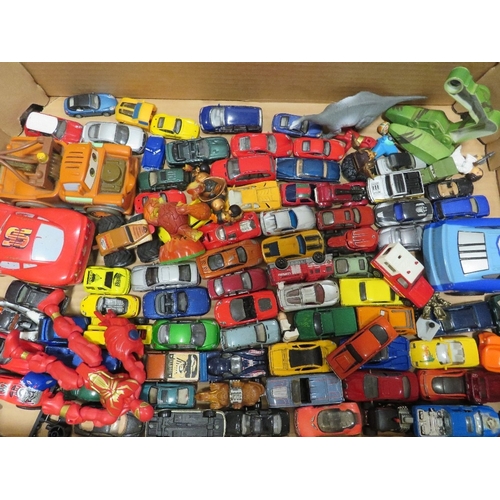 196 - TWO TRAYS OF ASSORTED PLAY WORN TOY CARS ETC