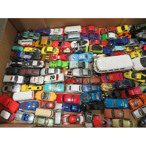 196 - TWO TRAYS OF ASSORTED PLAY WORN TOY CARS ETC