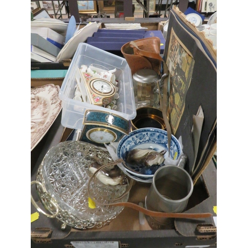 103 - A TRAY OF CERAMICS AND SUNDRIES TO INCLUDE A CLIO CLOCK , VINTAGE SILK PANEL HORSE RACING CALENDAR, ... 