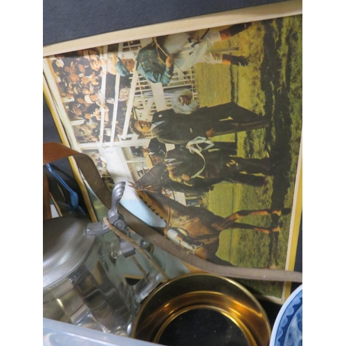 103 - A TRAY OF CERAMICS AND SUNDRIES TO INCLUDE A CLIO CLOCK , VINTAGE SILK PANEL HORSE RACING CALENDAR, ... 