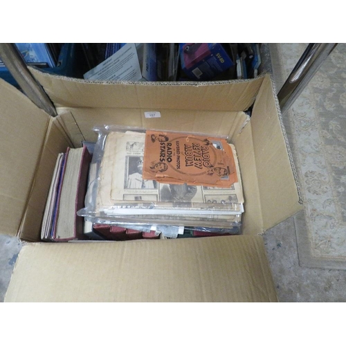 107 - A BOX CONTAINING ANTIQUE NEWSPAPERS, BOOKS ETC