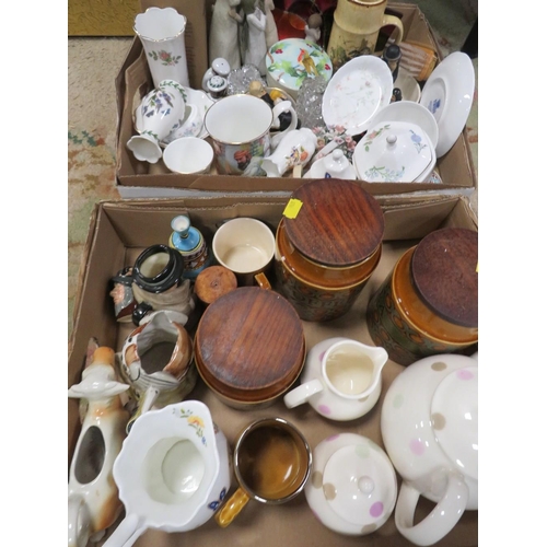 110 - TWO TRAYS OF ASSORTED CERAMICS TO INCLUDE HORNSEA, BRONTE STORAGE JARS, PORTMEIRION, AYNSLEY ETC