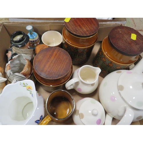 110 - TWO TRAYS OF ASSORTED CERAMICS TO INCLUDE HORNSEA, BRONTE STORAGE JARS, PORTMEIRION, AYNSLEY ETC