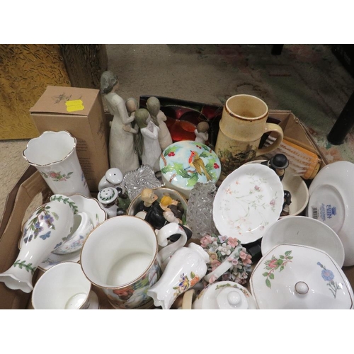 110 - TWO TRAYS OF ASSORTED CERAMICS TO INCLUDE HORNSEA, BRONTE STORAGE JARS, PORTMEIRION, AYNSLEY ETC