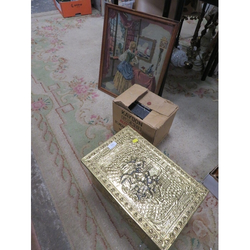 111 - A VINTAGE BRASS COVERED COAL BOX, FRAMED TAPESTRY AND A BOX PROJECTOR