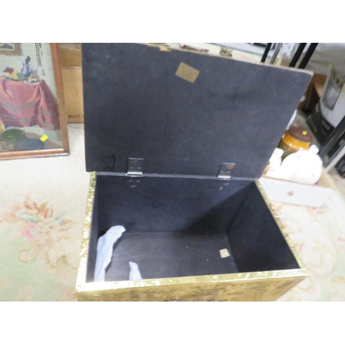 111 - A VINTAGE BRASS COVERED COAL BOX, FRAMED TAPESTRY AND A BOX PROJECTOR