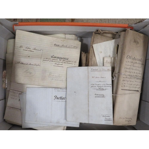 120 - TWO BOXES OF OLD DEEDS. EPHEMERA AND MAPS