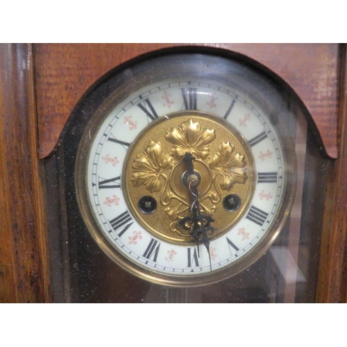 129 - A MAHOGANY AND GLASS PENDULUM WALL CLOCK A/F