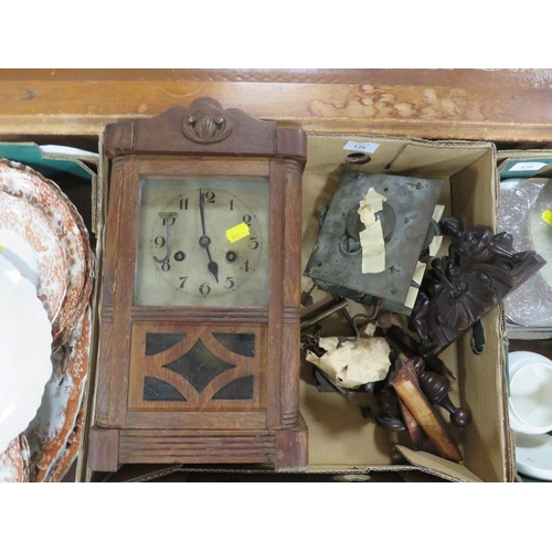 136 - A SMALL OAK CASED CLOCK TOGETHER WITH ASSORTED CLOCK PARTS A/F AND AN AMERICAN GONG STRIKE WALL CLOC... 