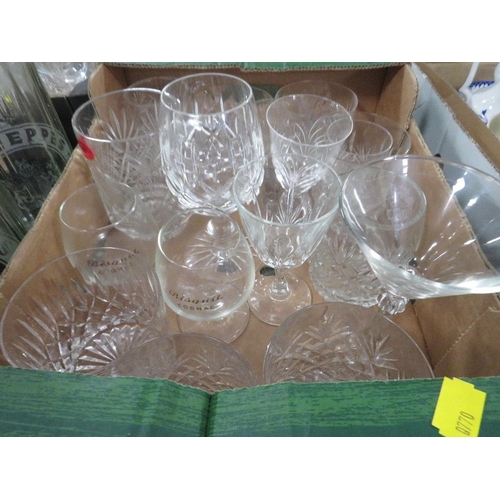 141 - THREE TRAYS OF ASSORTED GLASSWARE TO INCLUDE TWO SCHWEPPES SODA SYPHON