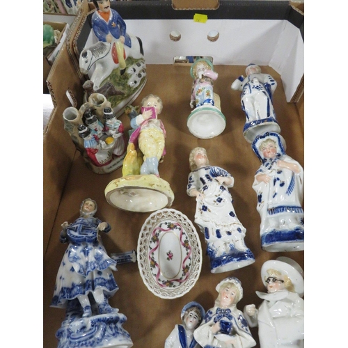 143 - THREE TRAYS OF ASSORTED STAFFORDSHIRE FLATBACK STYLE FIGURES AND OTHERS 