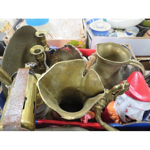 155 - THREE TRAYS OF ASSORTED METAL WARE TO INCLUDE BRASS HORSES ETC