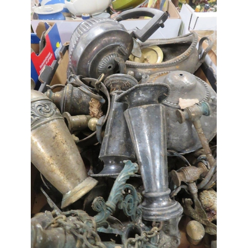 155 - THREE TRAYS OF ASSORTED METAL WARE TO INCLUDE BRASS HORSES ETC