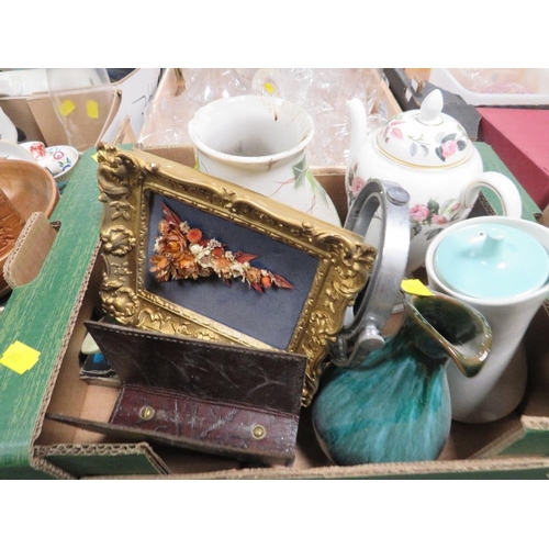 161 - THREE TRAYS OF ASSORTED CERAMICS TO INCLUDE A LIDDED TG GREEN LUMPED SUGAR STORAGE JAR, TOGETHER WIT... 