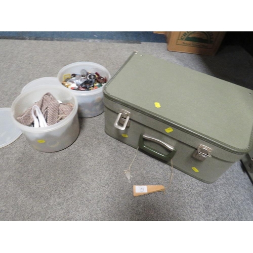 175 - A CASED ELECTRIC BERNINA SEWING MACHINE TOGETHER WITH TWO TUBS OF SEWING ACCESSORIES