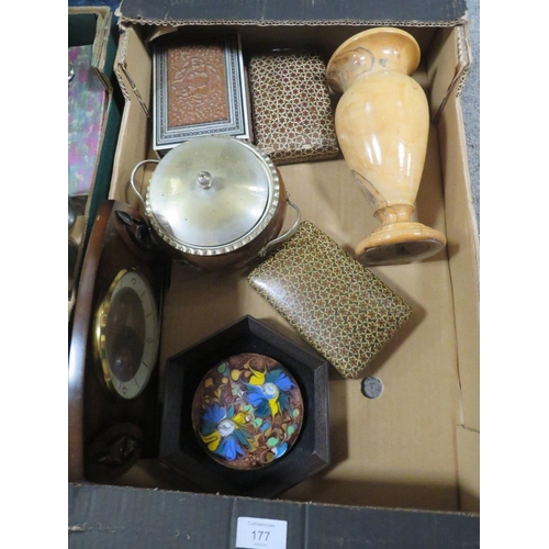 177 - TWO TRAY OF SUNDRIES TO INCLUDE TREEN BOXES, METAL CHARGER ETC