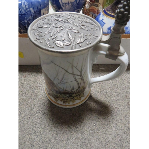 181 - TWO TRAY OF CERAMICS ETC TO INCLUDE A FRANKLIN PORCELAIN GAME BIRD STEIN