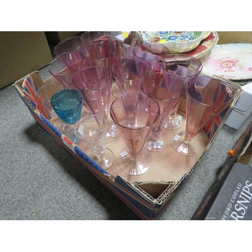 182 - THREE TRAYS OF ASSORTED CERAMICS TOGETHER WITH A TRAY OF GLASSWARE (4)