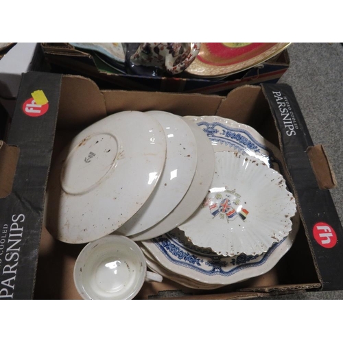 182 - THREE TRAYS OF ASSORTED CERAMICS TOGETHER WITH A TRAY OF GLASSWARE (4)