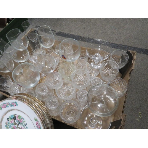 183 - TWO TRAYS OF CERAMICS AND GLASS TO INCLUDE INDIA TREE DINNER WARE