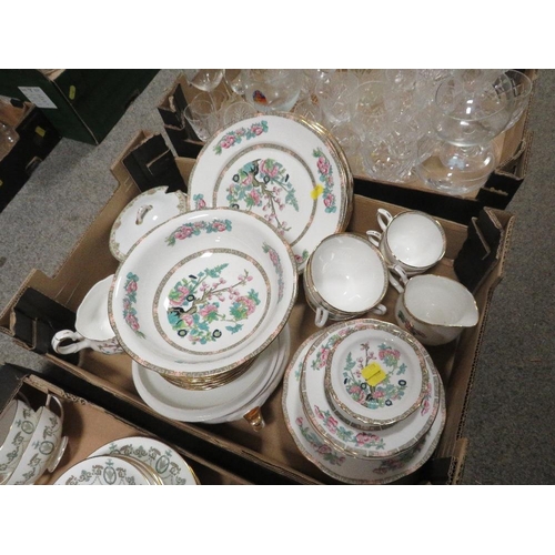 183 - TWO TRAYS OF CERAMICS AND GLASS TO INCLUDE INDIA TREE DINNER WARE