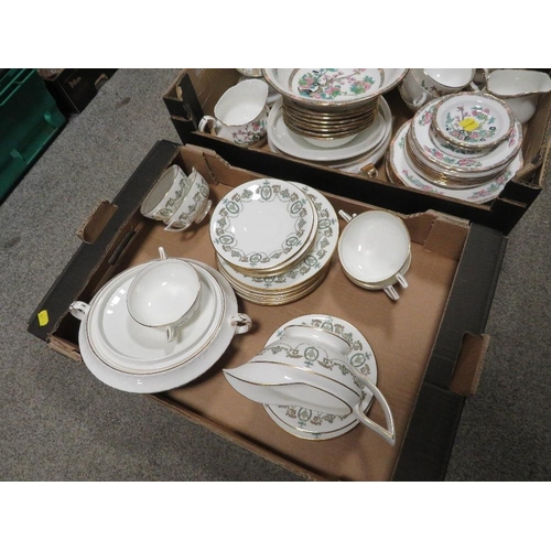 183 - TWO TRAYS OF CERAMICS AND GLASS TO INCLUDE INDIA TREE DINNER WARE