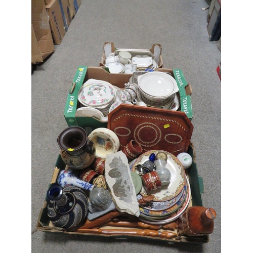 196 - THREE TRAYS OF CERAMICS AND SUNDRIES TO INCLUDE TEA WARE