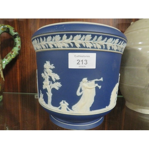 213 - A WEDGWOOD BLUE DIP PLANTER TOGETHER WITH A LARGER ADAM'S EXAMPLE ETC (4)